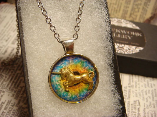 Unicorn over Colorful Clock Small Pendant Necklace