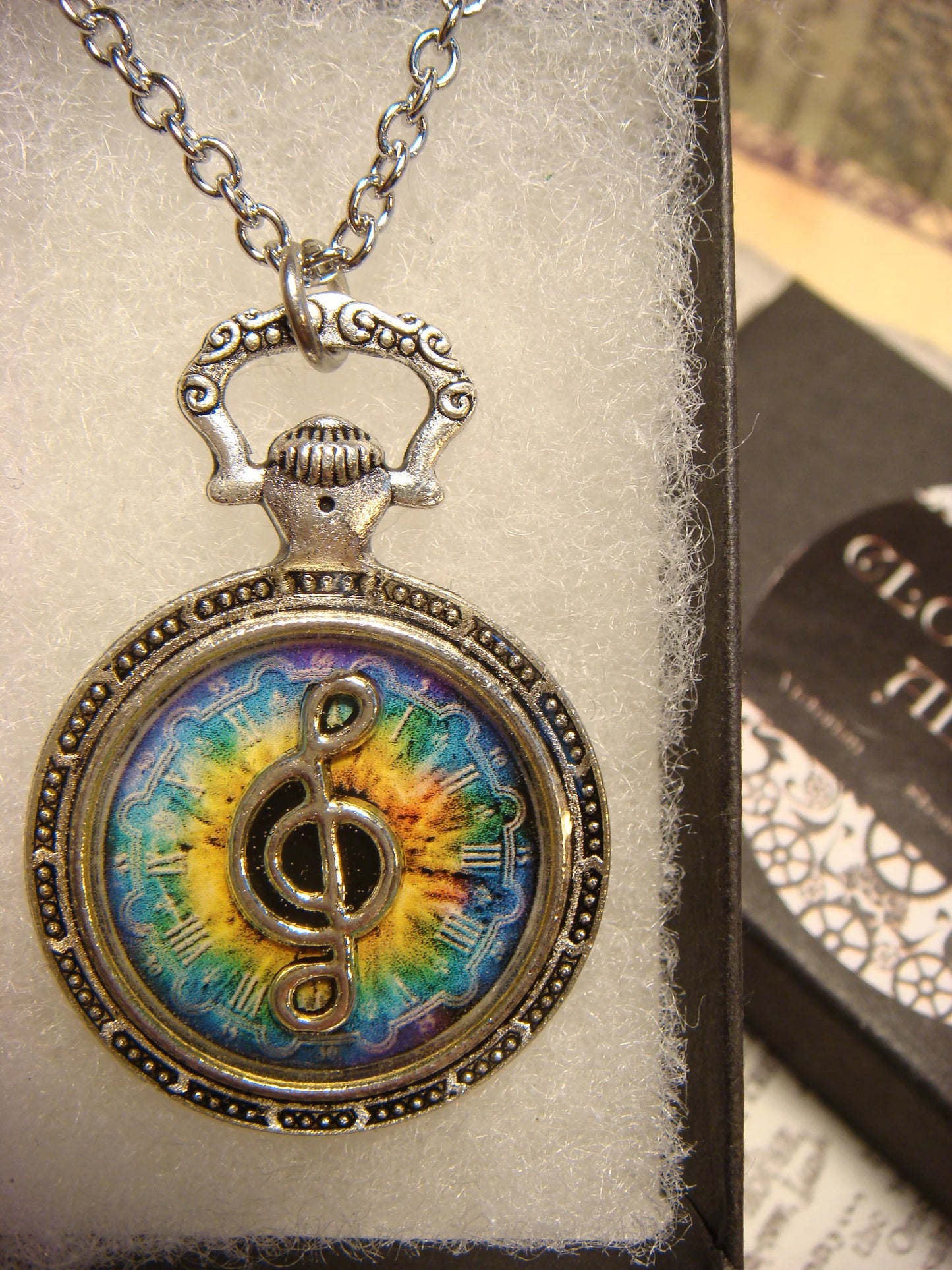 Treble Clef over Colorful Clock Pocket Watch Pendant Necklace