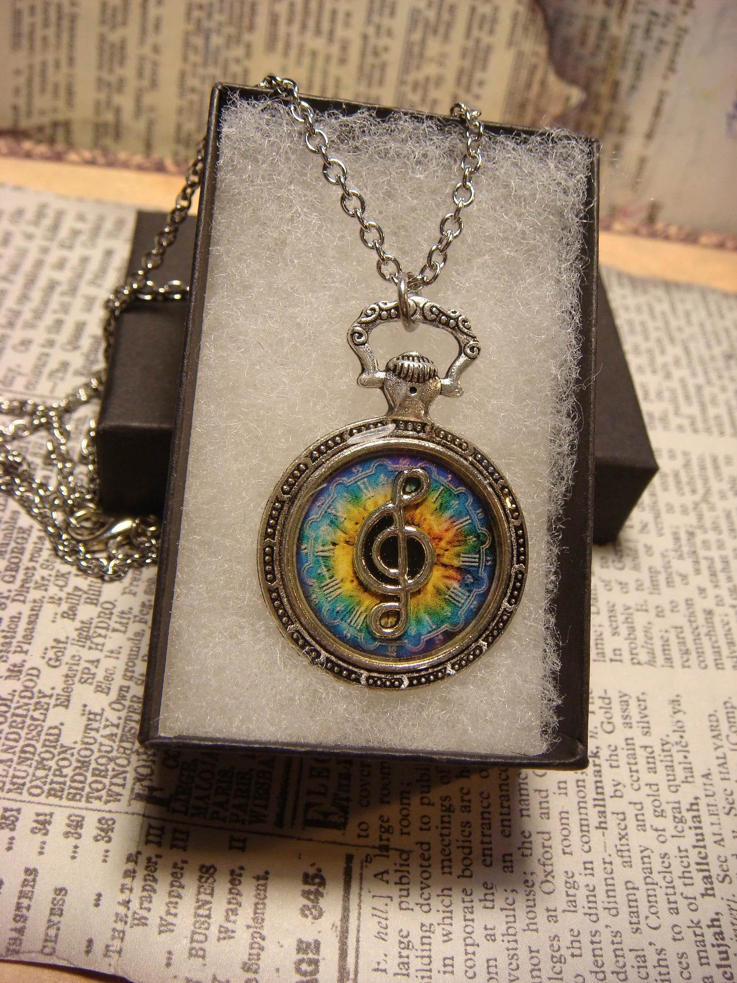 Treble Clef over Colorful Clock Pocket Watch Pendant Necklace