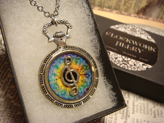 Treble Clef over Colorful Clock Pocket Watch Pendant Necklace