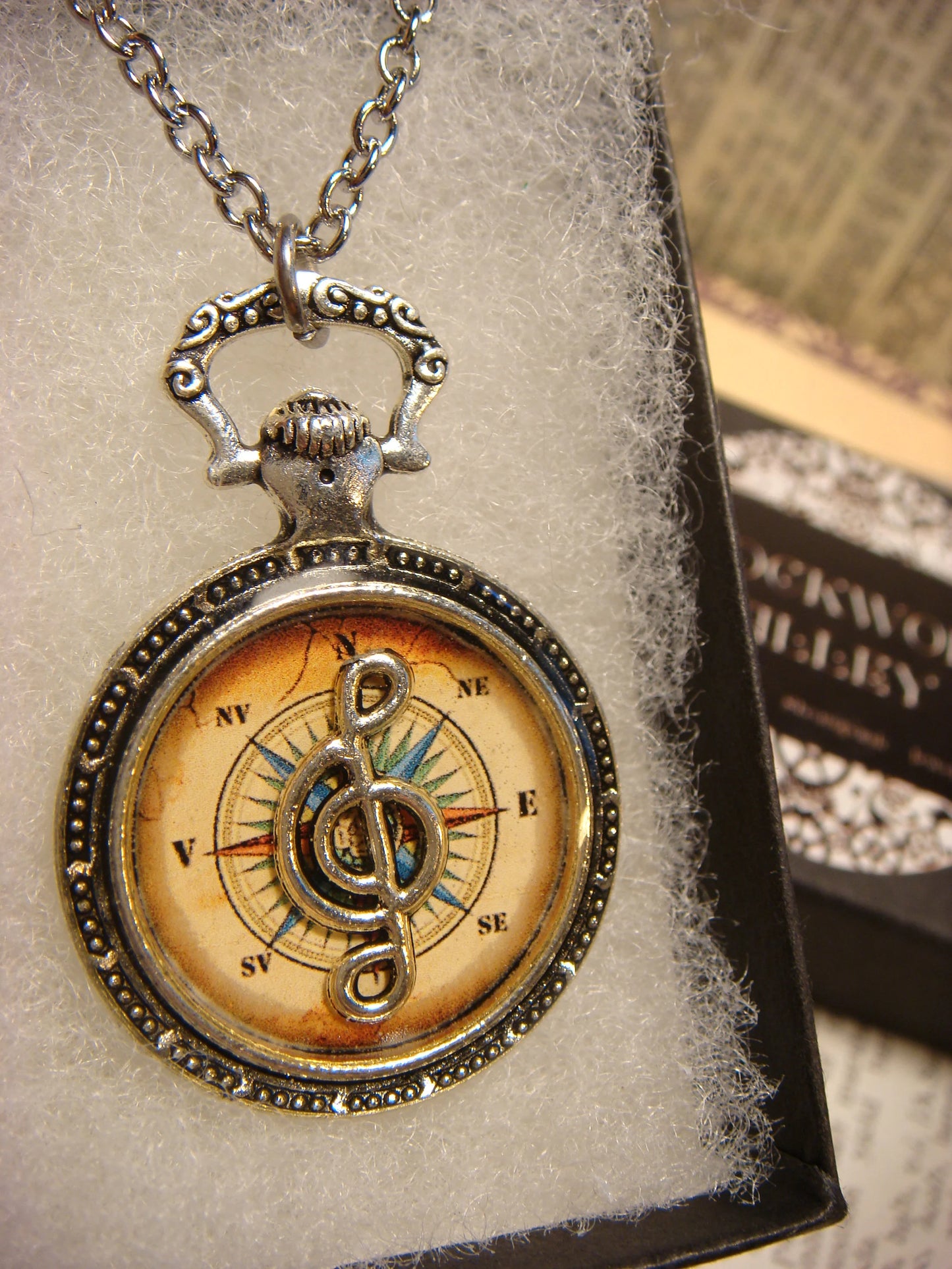 Treble Clef over Compass Rose Pocket Watch Pendant Necklace