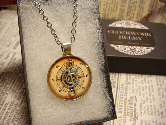 Treble Clef over Compass Rose Small Pendant Necklace