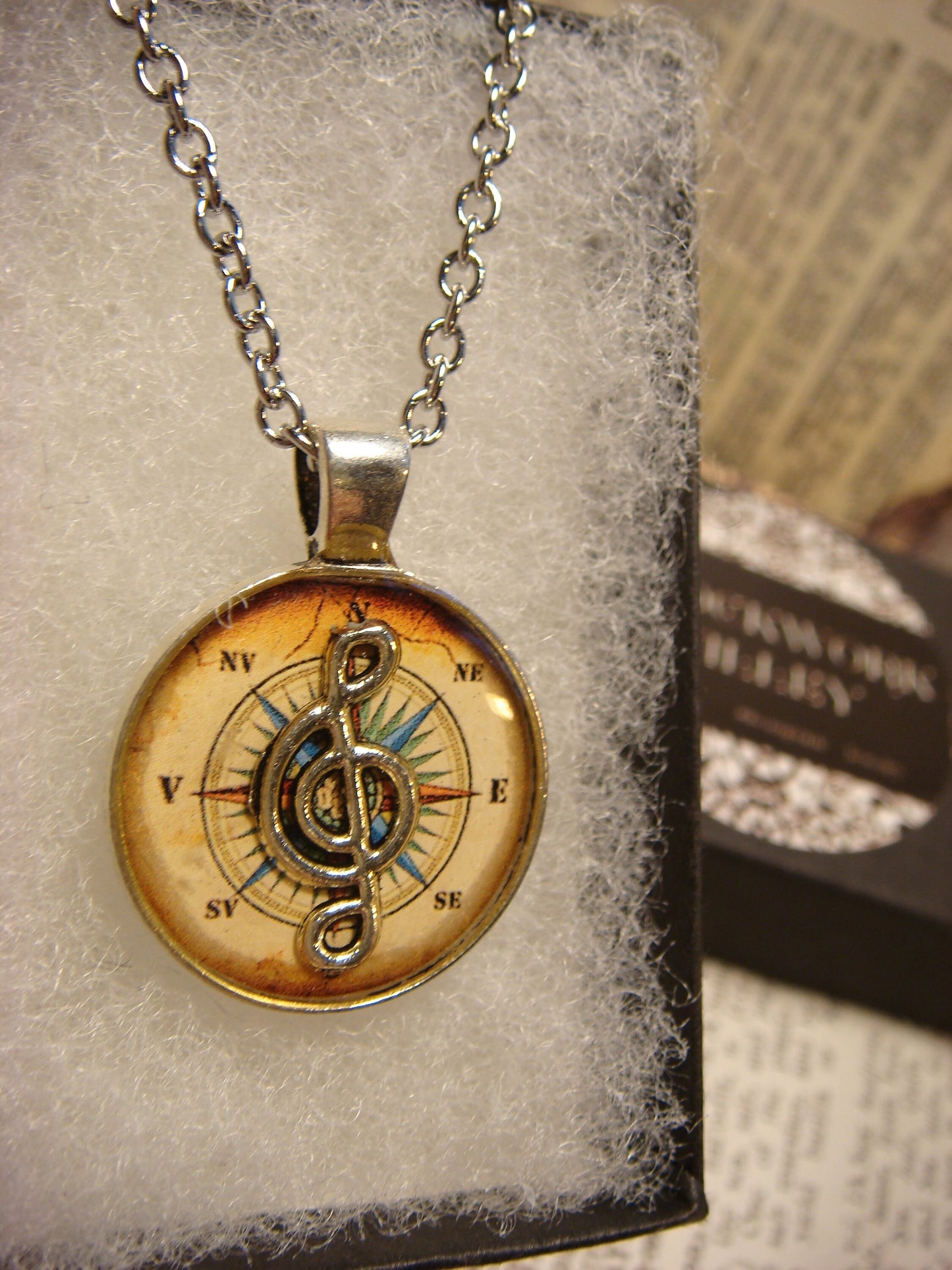Treble Clef over Compass Rose Small Pendant Necklace