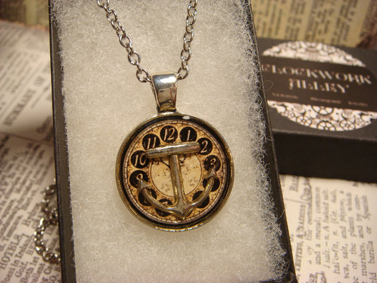 Anchor over Clock Small Pendant Necklace