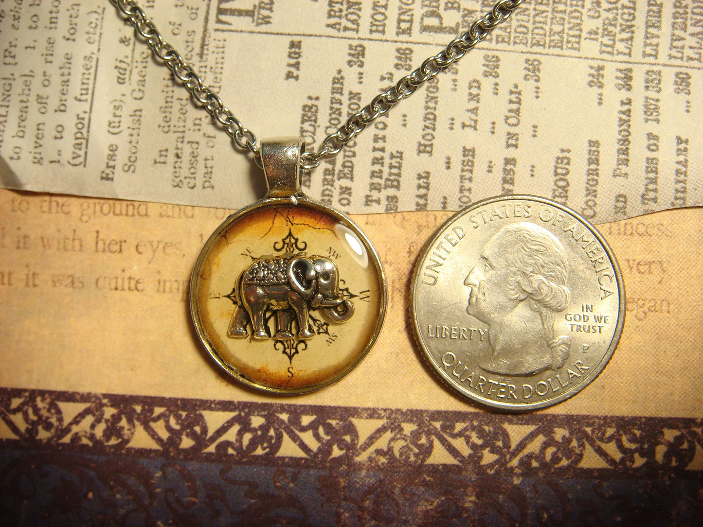 Elephant over Compass Small Pendant Necklace