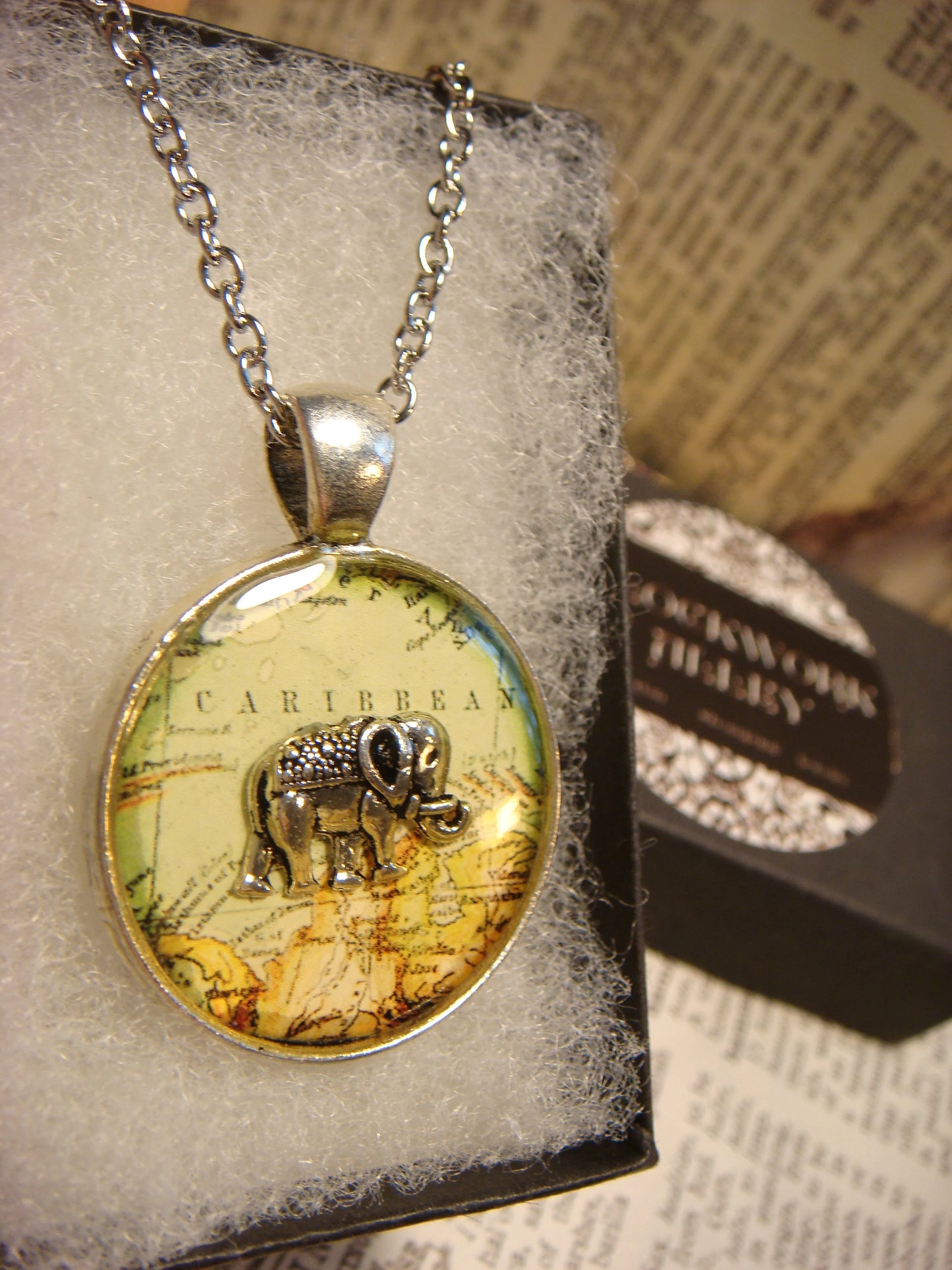 Elephant over Map Pendant Necklace