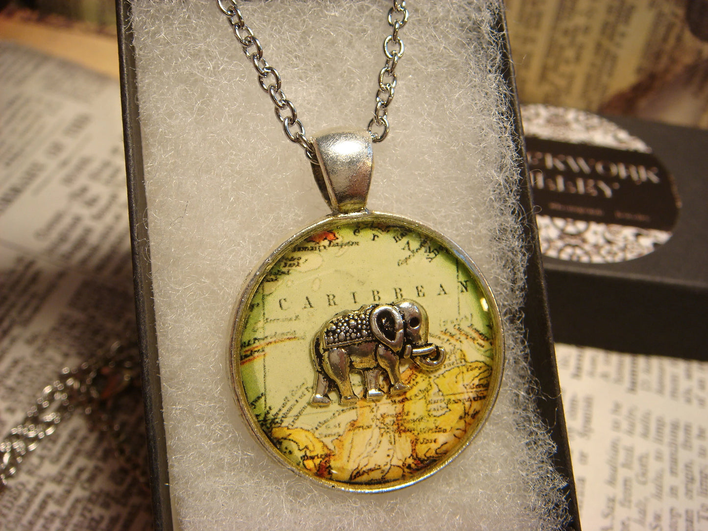 Elephant over Map Pendant Necklace