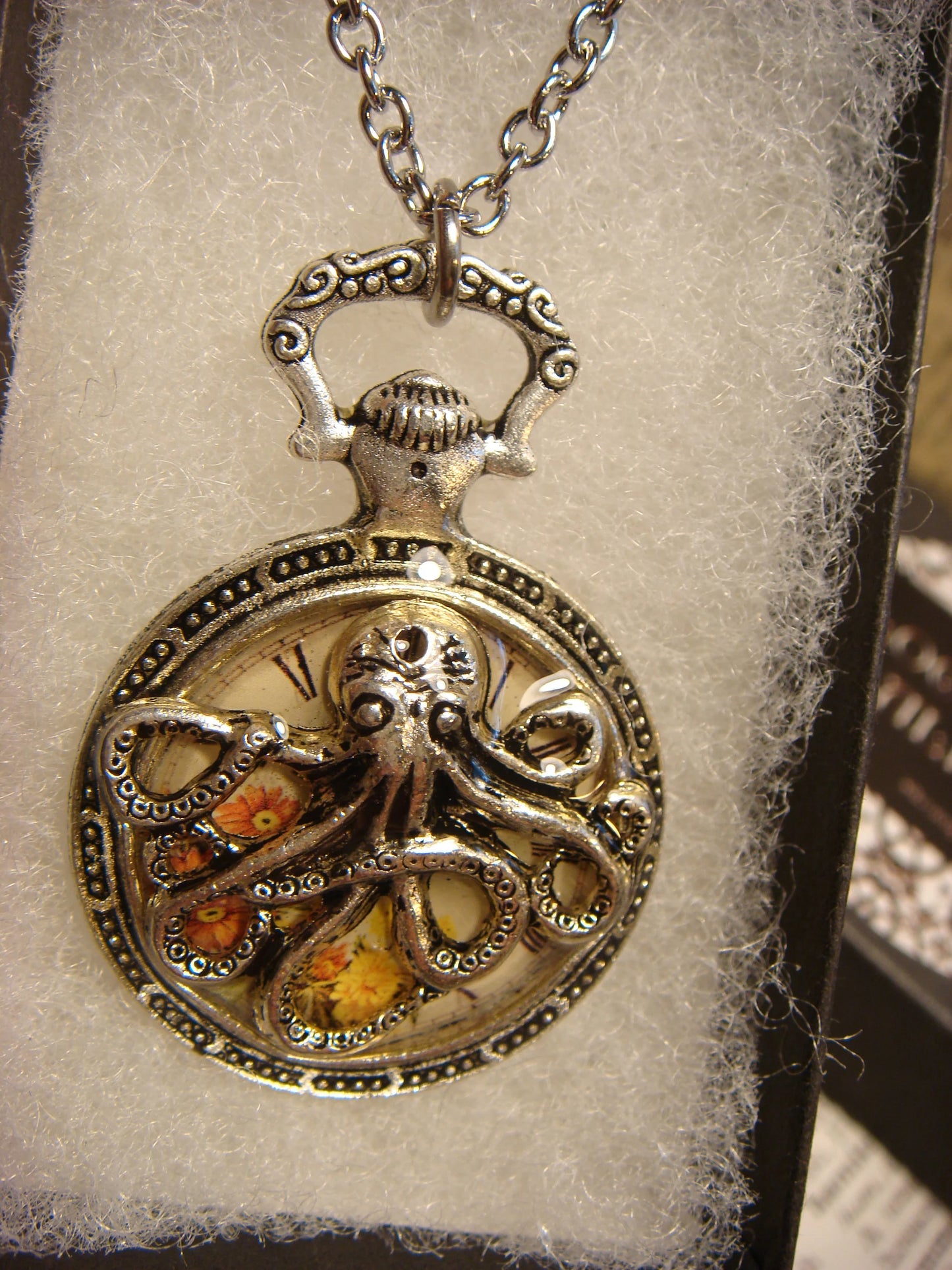 Octopus over Floral Clock Pocket Watch Pendant Necklace
