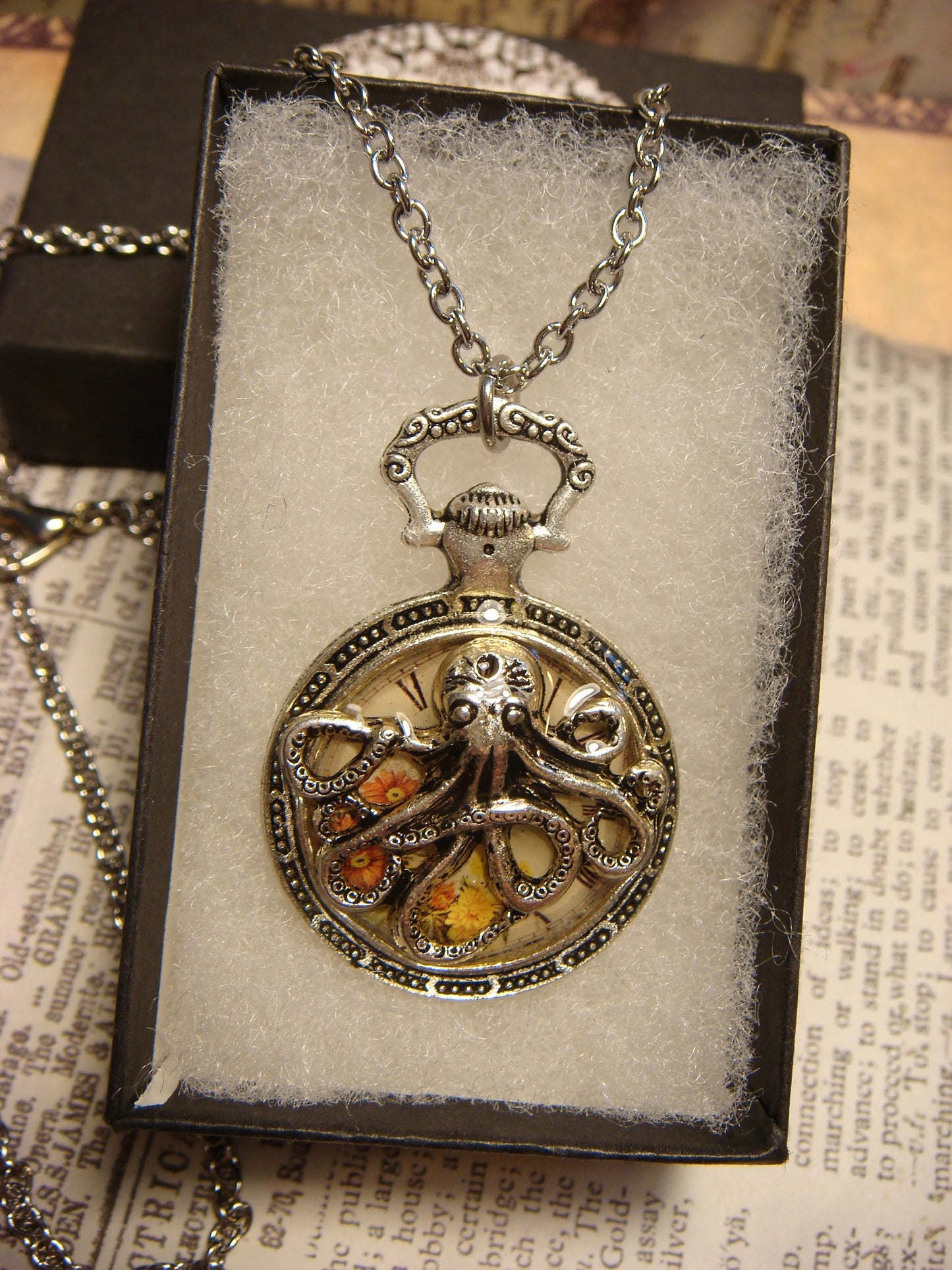 Octopus over Floral Clock Pocket Watch Pendant Necklace