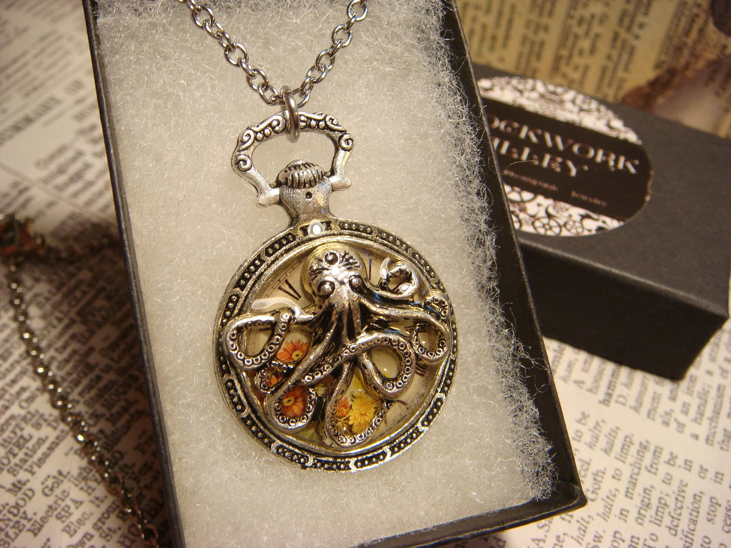 Octopus over Floral Clock Pocket Watch Pendant Necklace