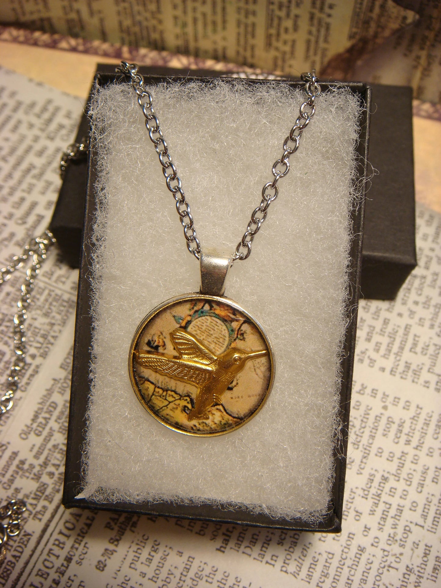 Hummingbird over Map Small Pendant Necklace