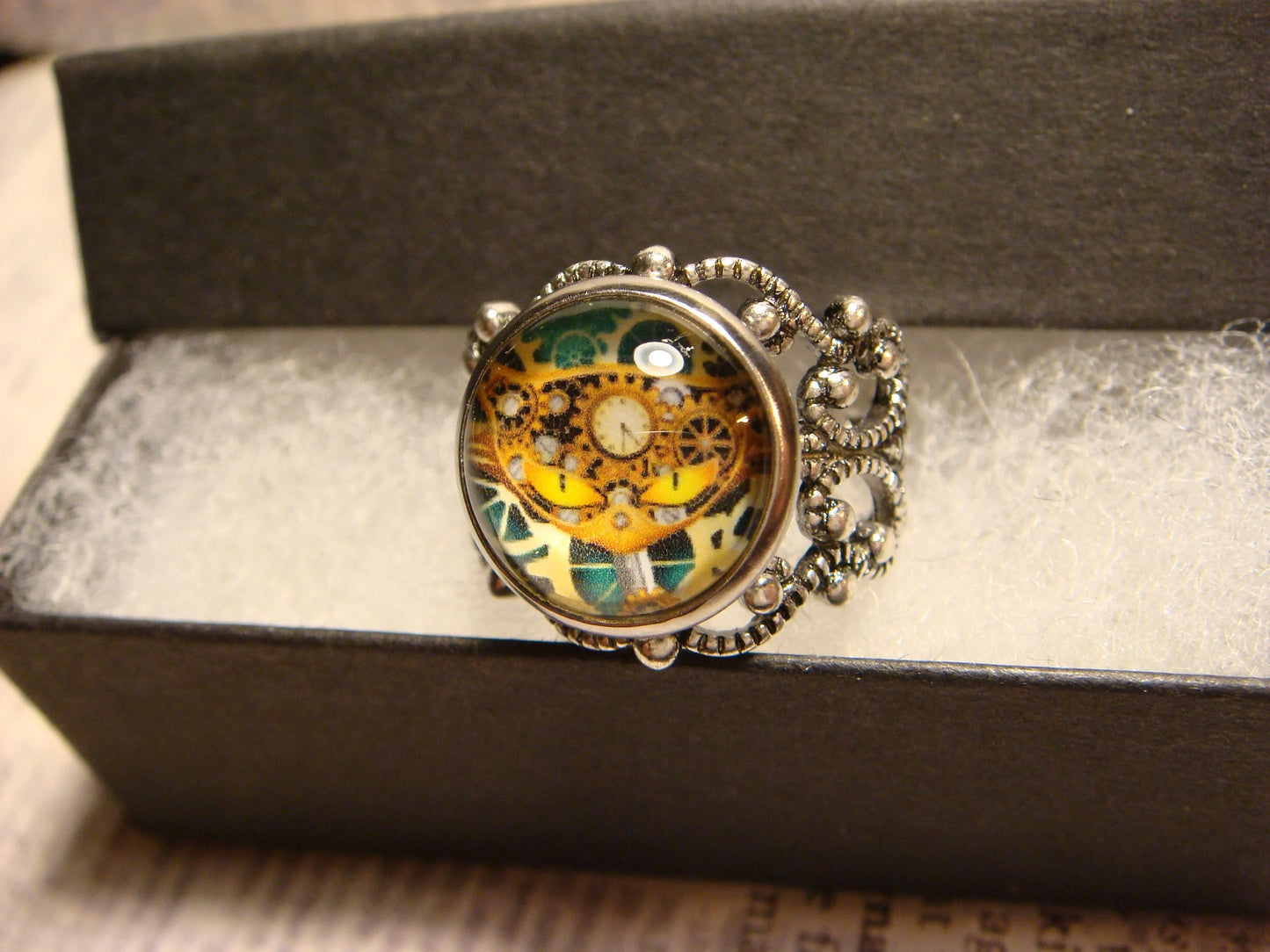 Steampunk Cat Image Filigree Ring in Antique Silver - Adjustable