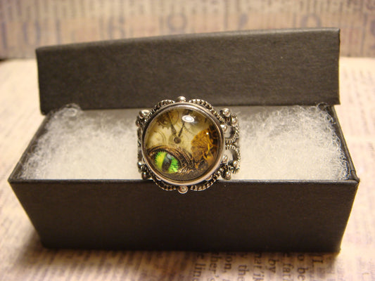 Steampunk Eye Image Filigree Ring in Antique Silver - Adjustable