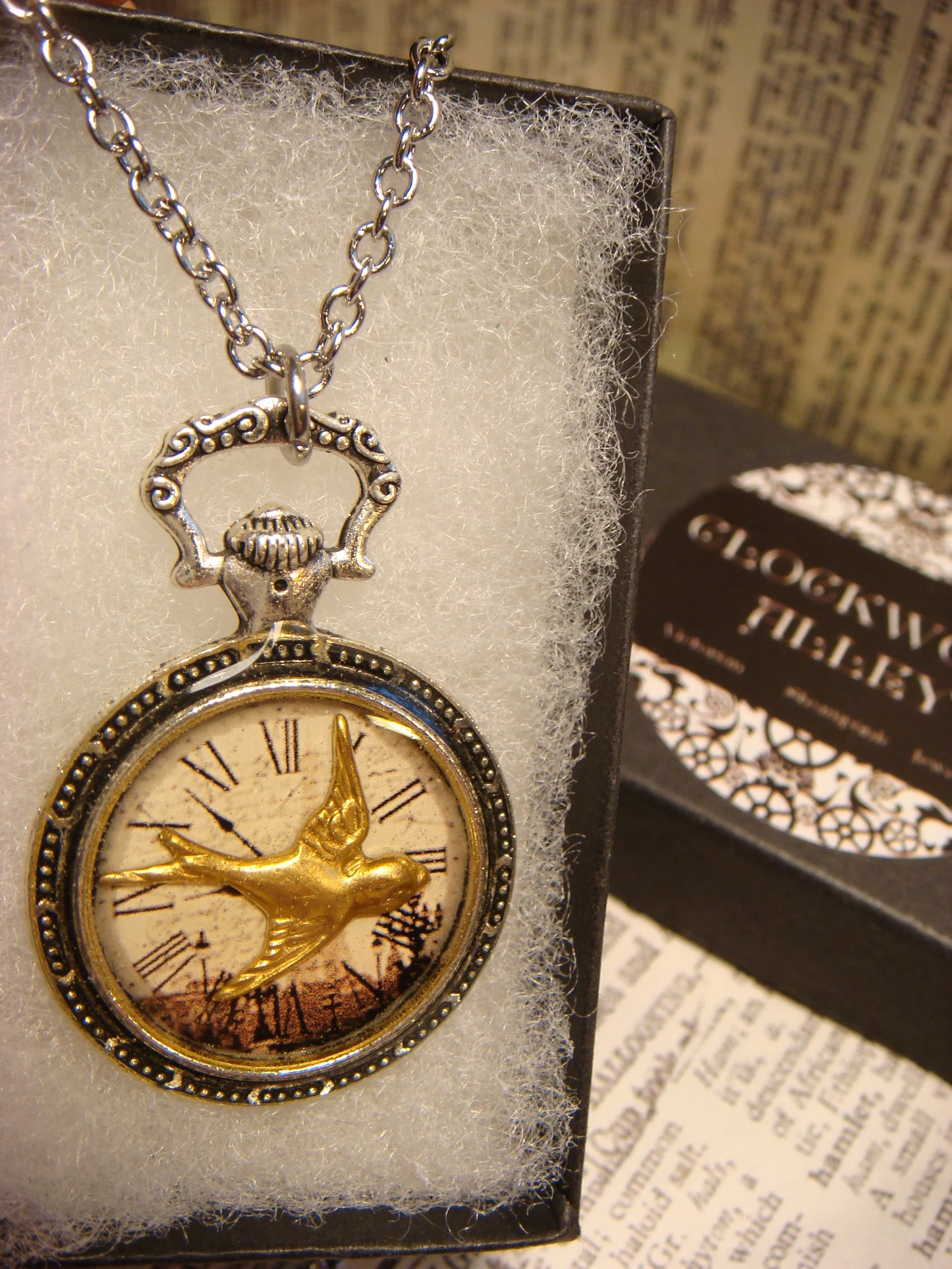 Sparrow over Victorian Clock Pocket Watch Pendant Necklace