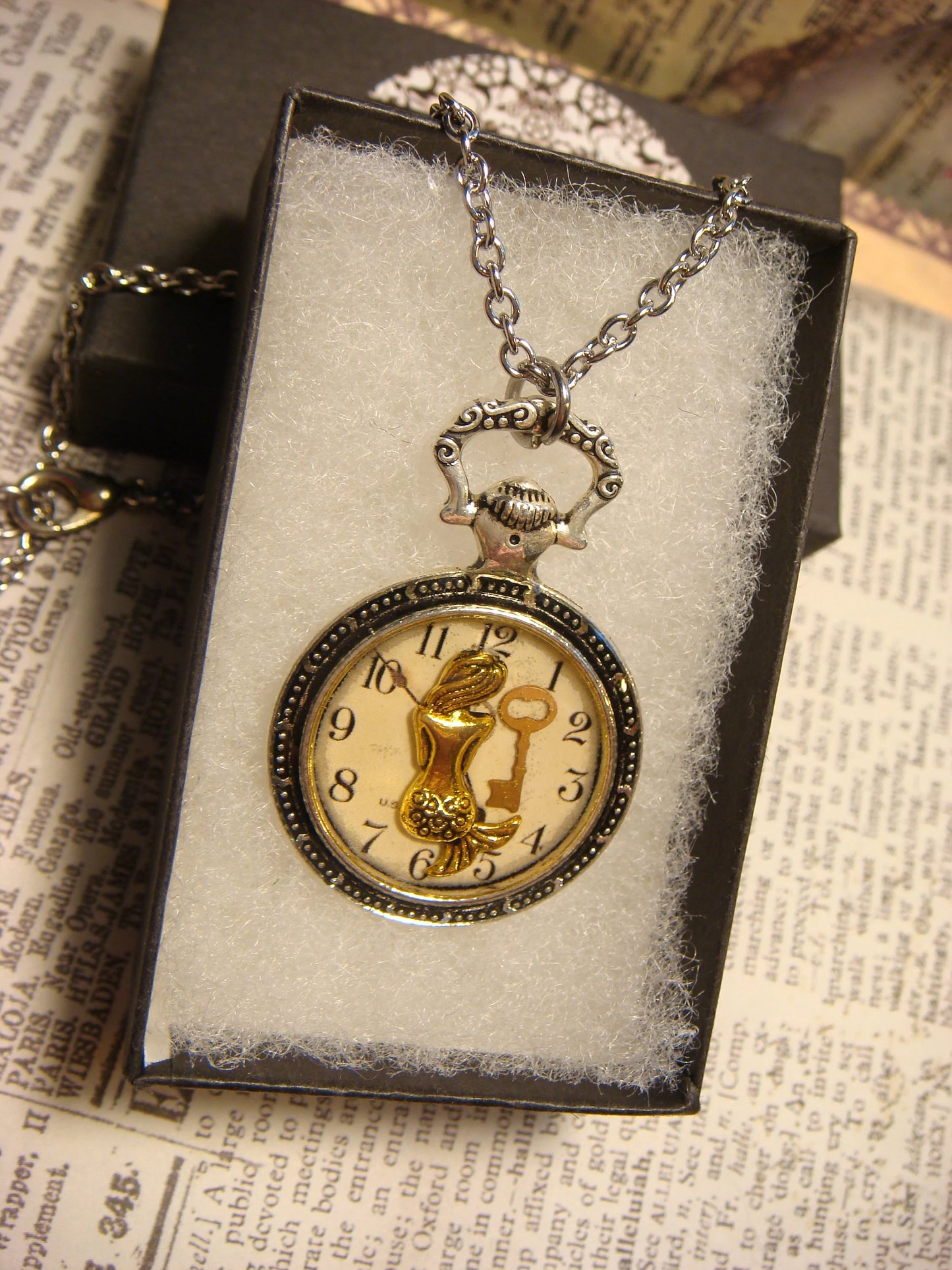 Mermaid and Key over Clock Pocket Watch Pendant Necklace
