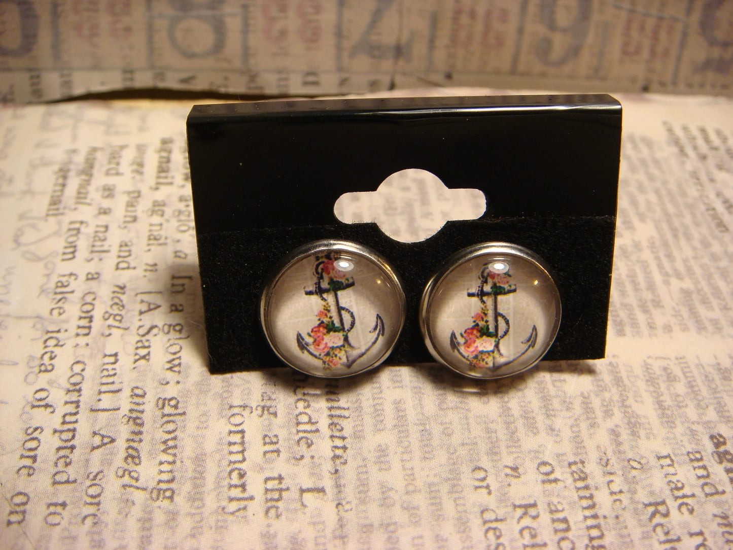 Floral Anchor Image Stainless Steel Stud Earrings