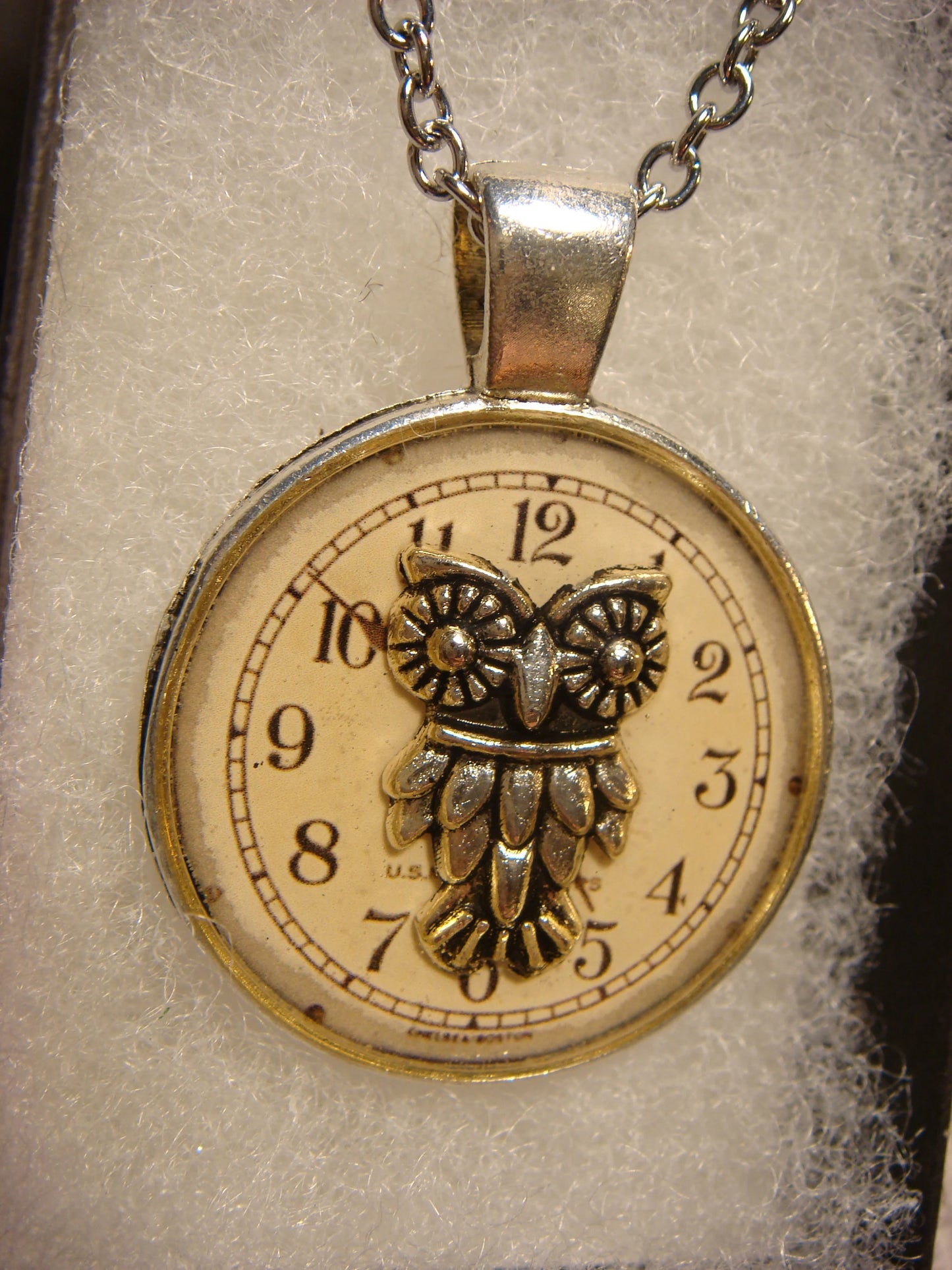 Owl over Clock Pendant Necklace