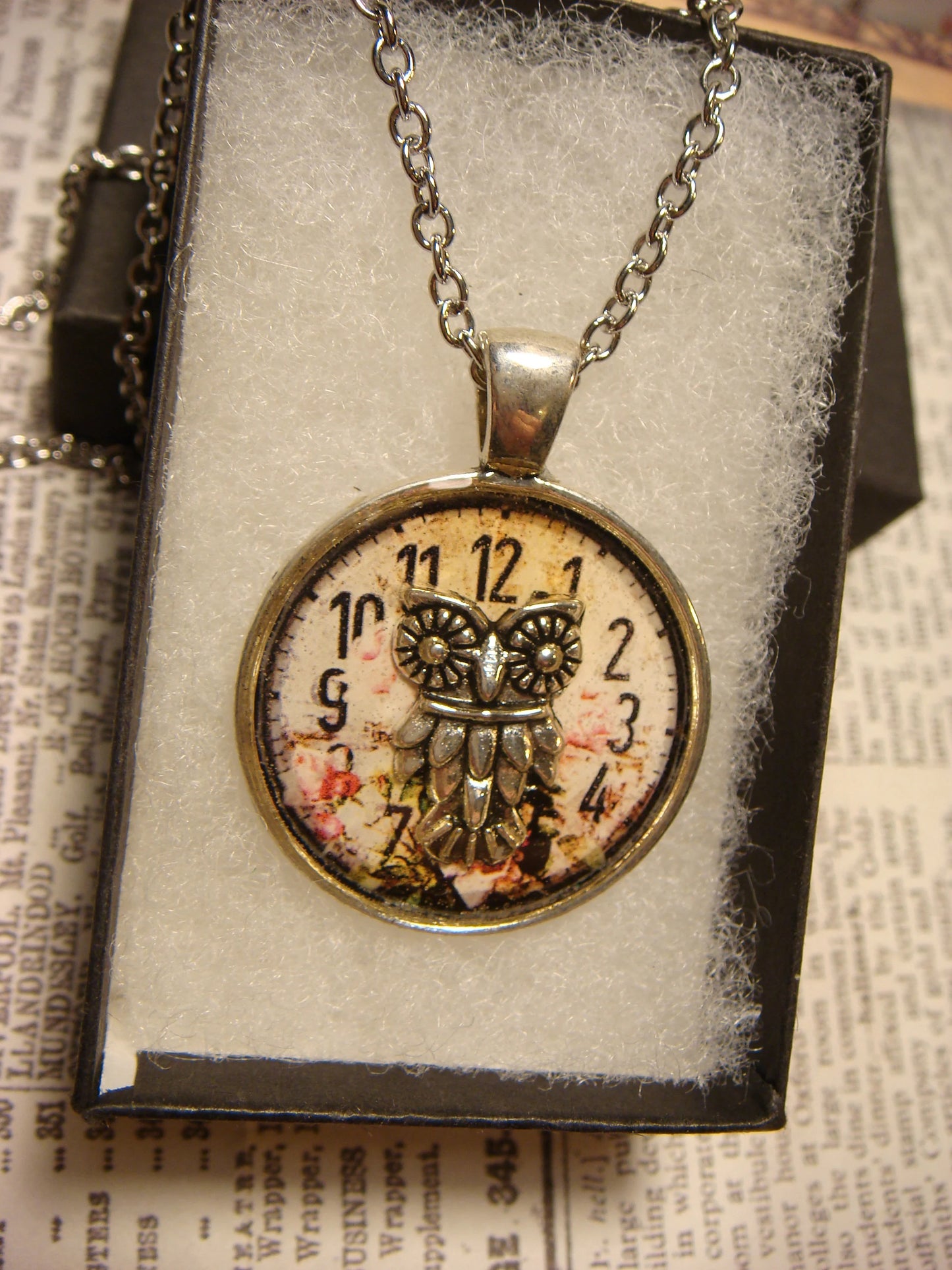 Owl over Floral Clock Pendant Necklace