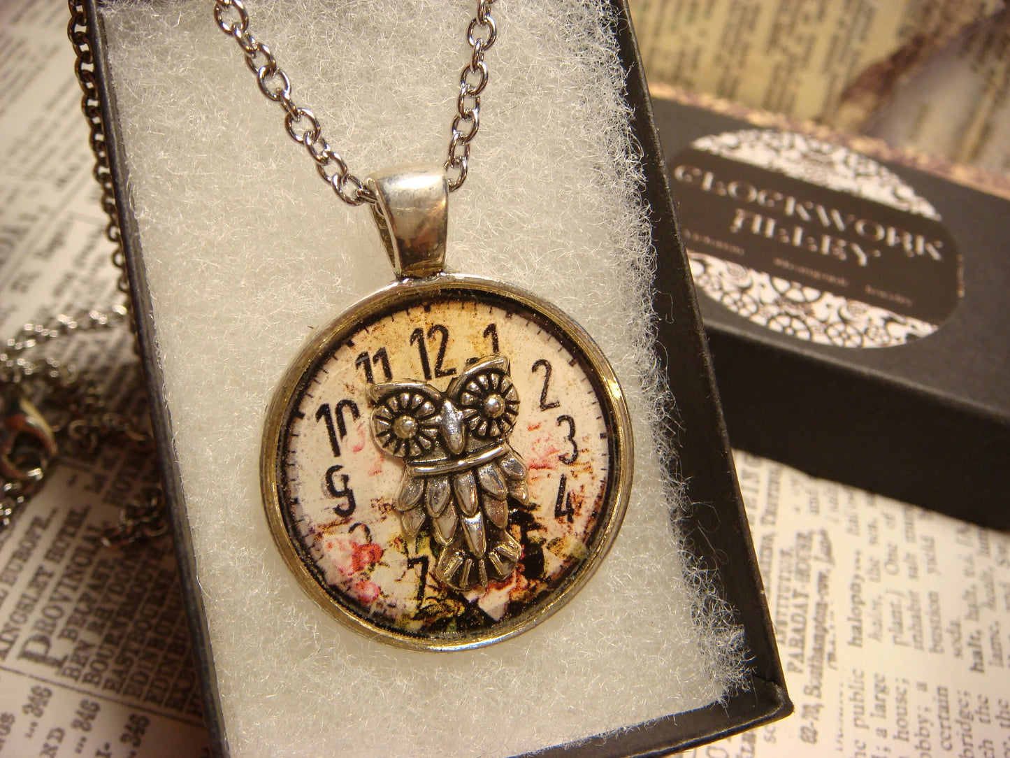 Owl over Floral Clock Pendant Necklace