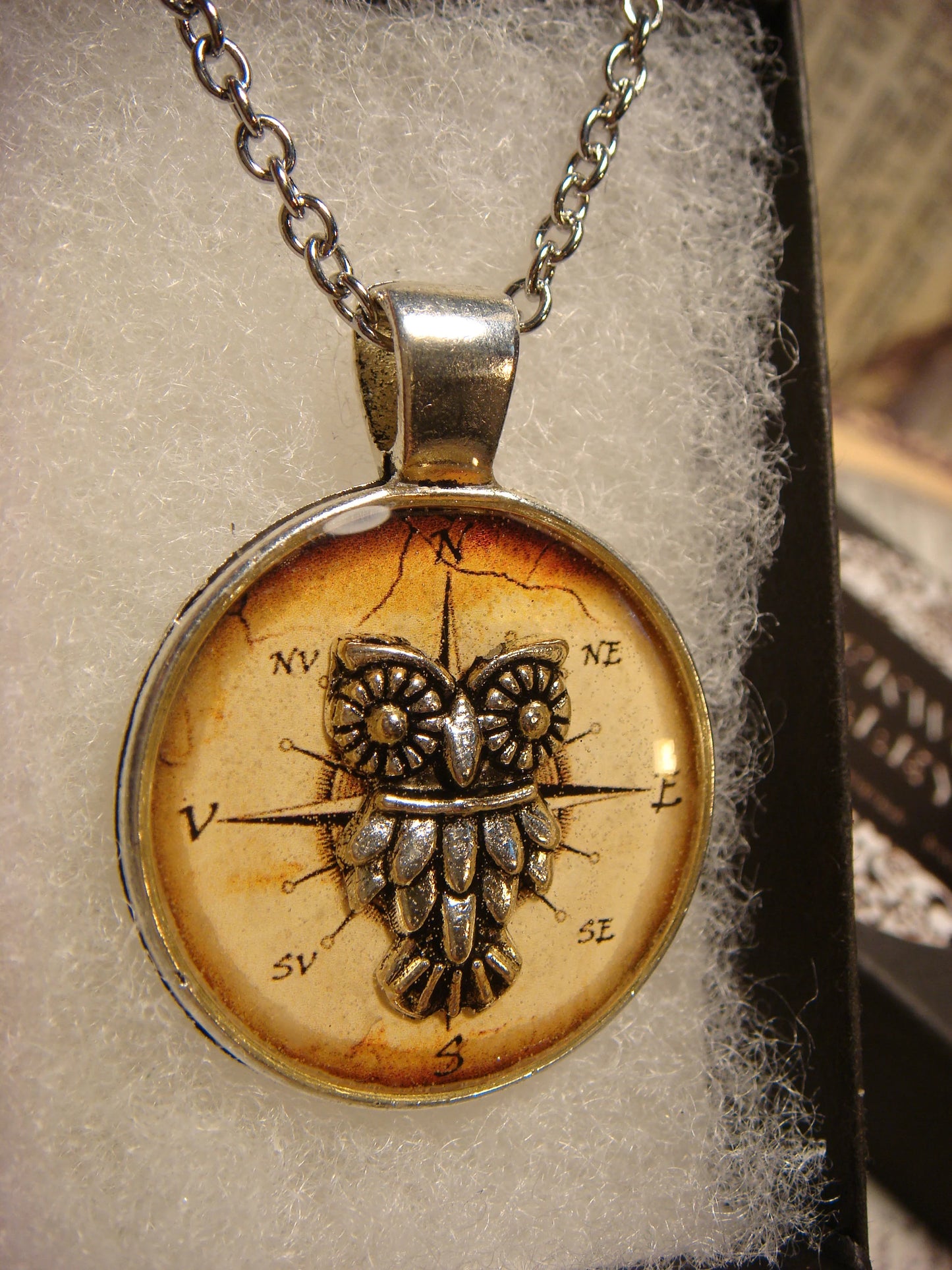 Owl over Compass Pendant Necklace