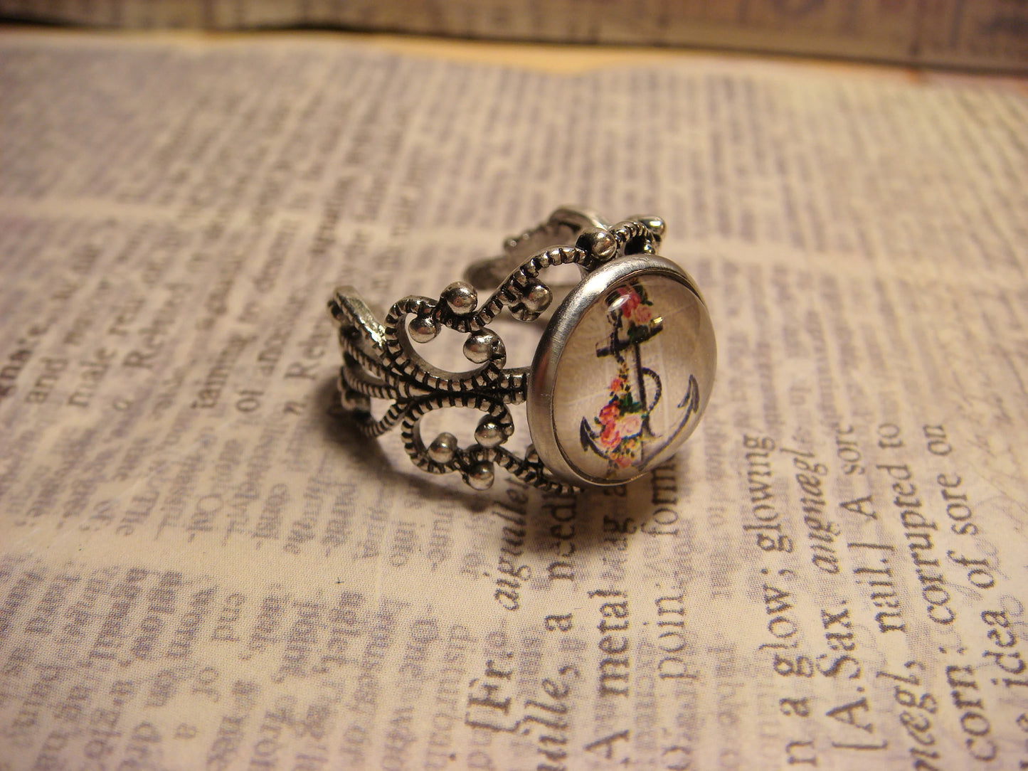 Floral Anchor Image Filigree Ring in Antique Silver - Adjustable