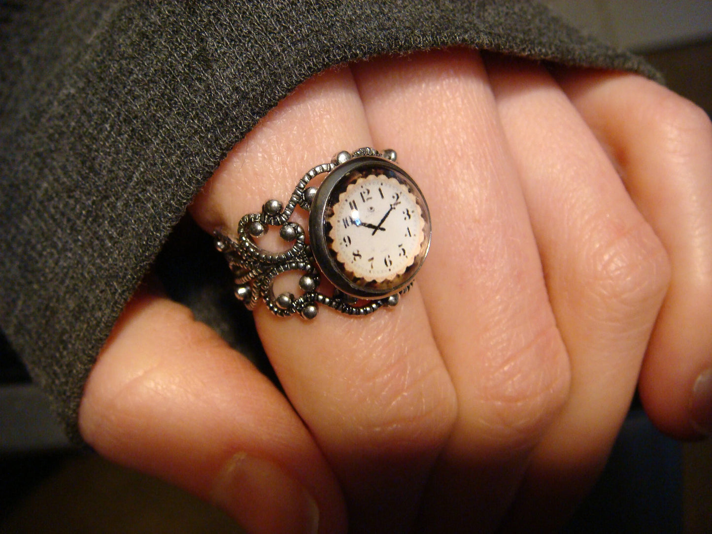 Clock Image Filigree Ring in Antique Silver - Adjustable