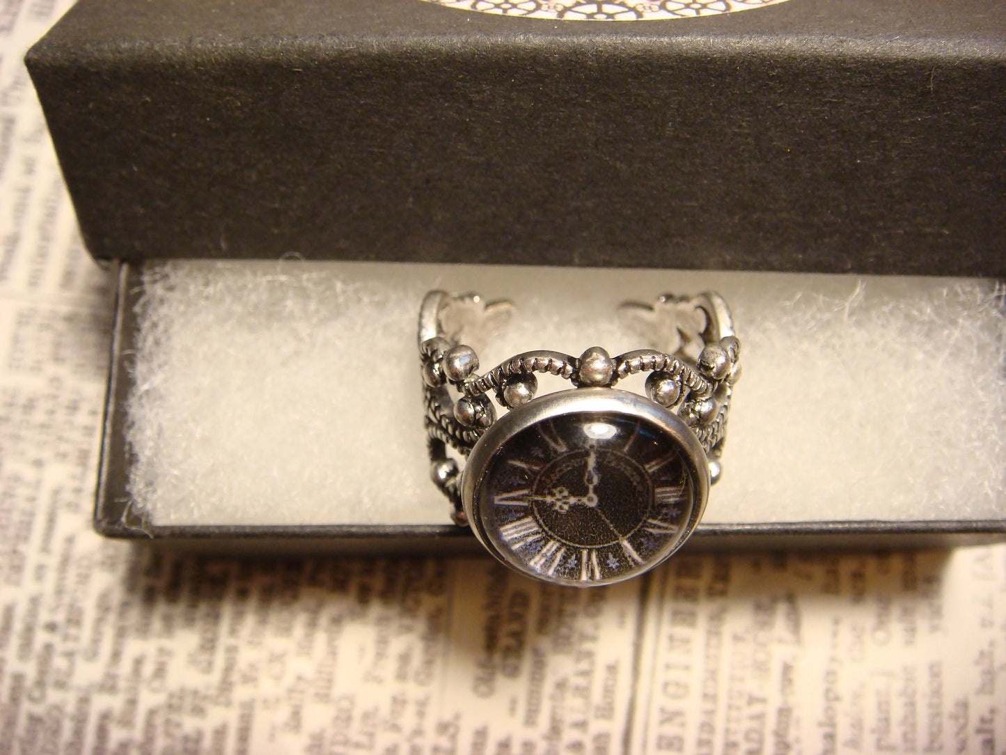 Clock Image Filigree Ring in Antique Silver - Adjustable