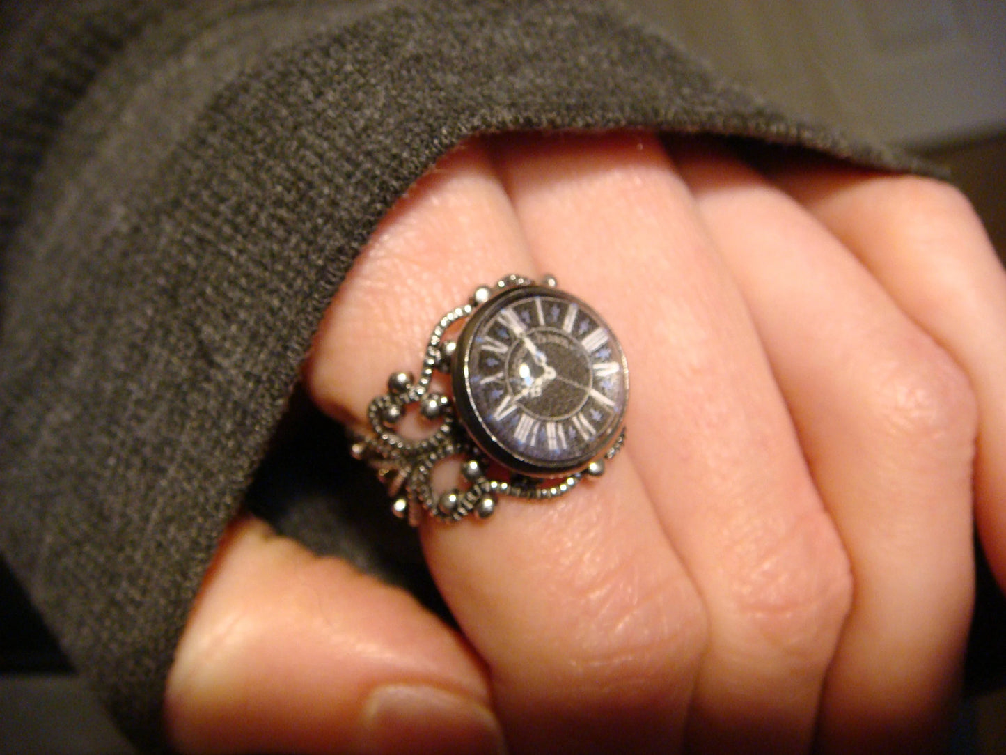 Clock Image Filigree Ring in Antique Silver - Adjustable