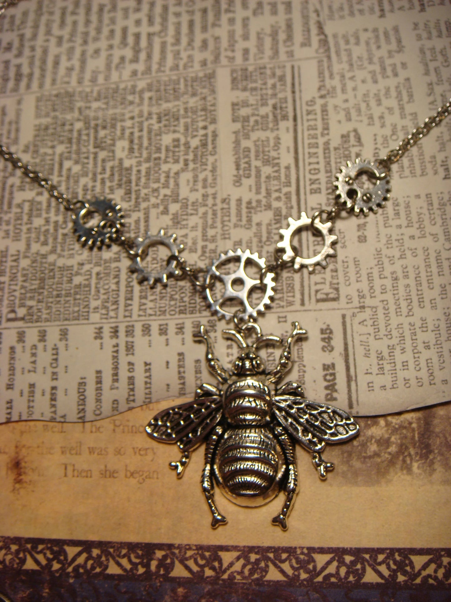 Steampunk Bee with Gears Necklace in Antique Silver