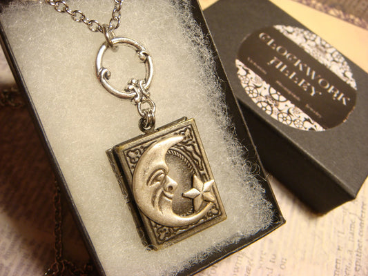 Moon Face and Star Book Locket Necklace