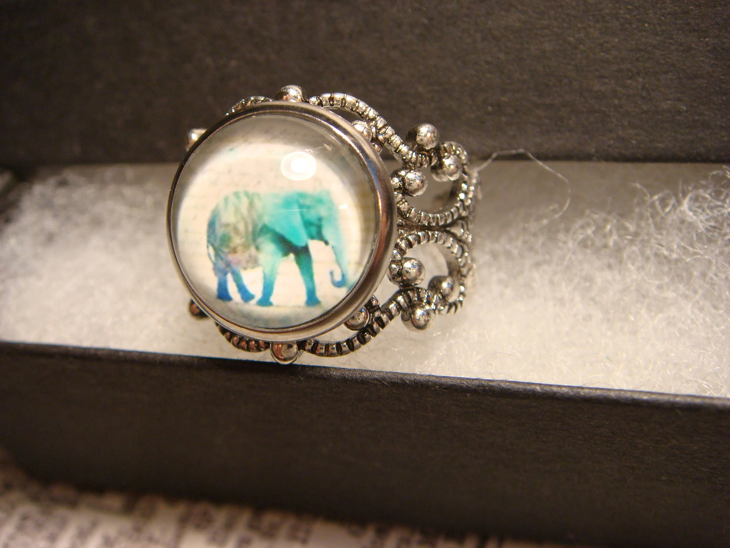 Elephant Image Filigree Ring in Antique Silver - Adjustable