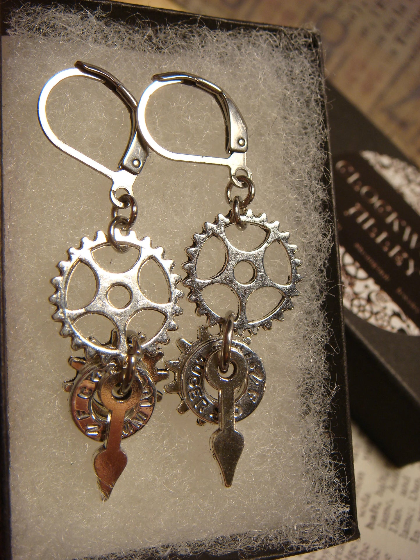 Gears and Bullet Slice Dangle Earrings in Antique Silver