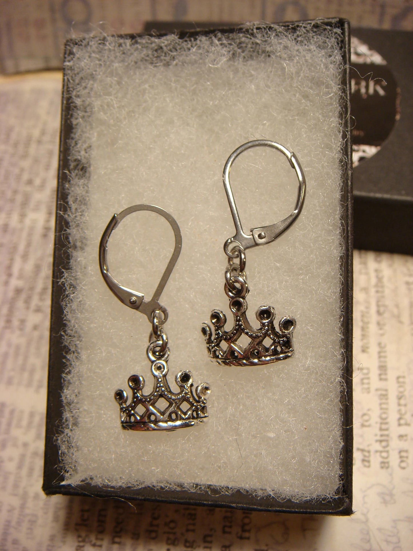 Crown Dangle Earrings in Antique Silver