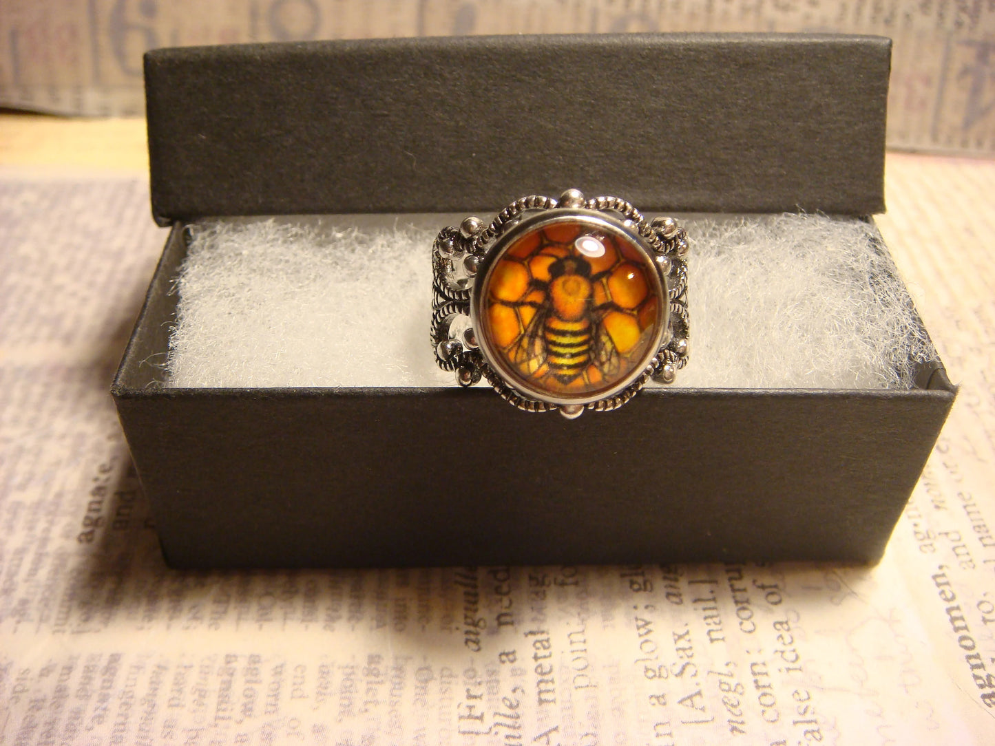 Honeycomb Bee Image Filigree Ring in Antique Silver - Adjustable