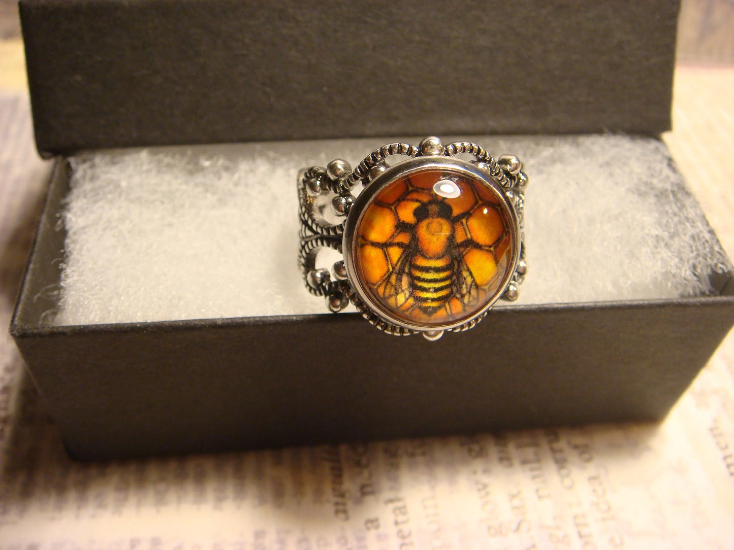 Honeycomb Bee Image Filigree Ring in Antique Silver - Adjustable