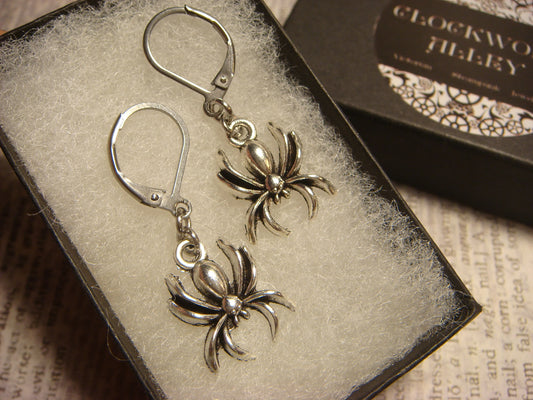 Spider Dangle Earrings in Antique Silver