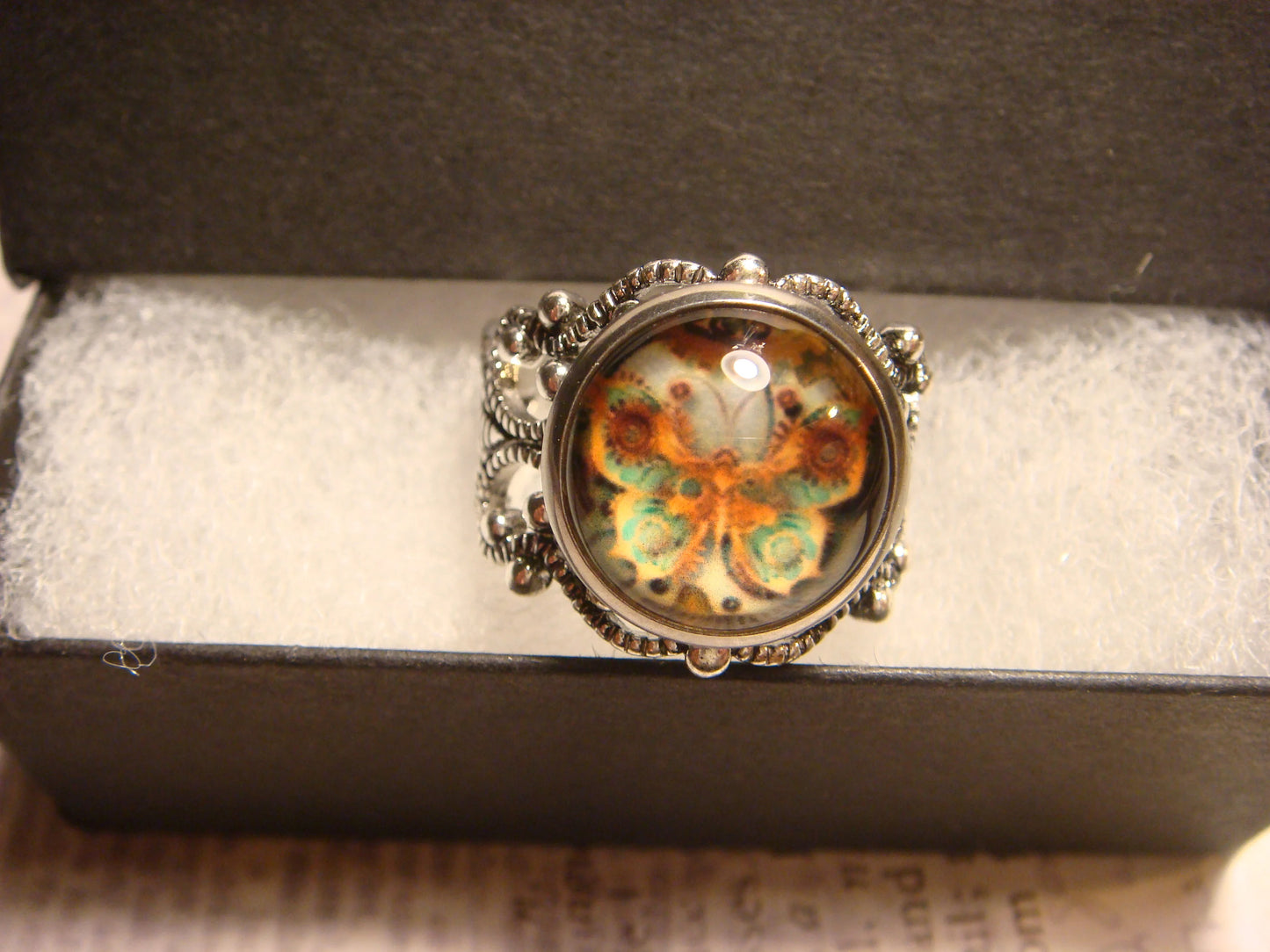 Butterfly Image Filigree Ring in Antique Silver - Adjustable