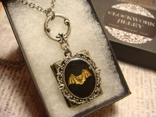 Bat Ornate Book Locket Necklace