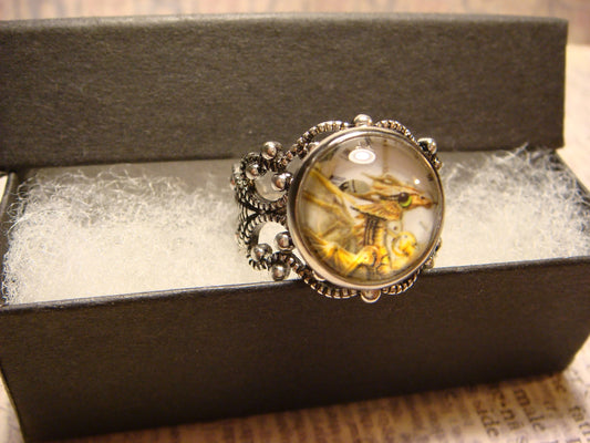 Steampunk Dragon Image Filigree Ring in Antique Silver - Adjustable