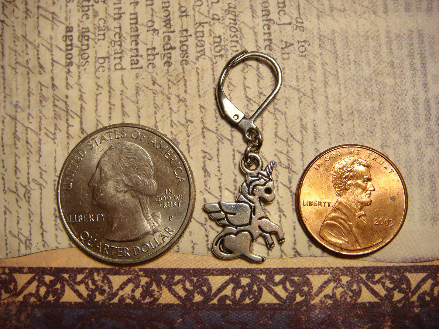 Winged Unicorn Dangle Earrings in Antique Silver