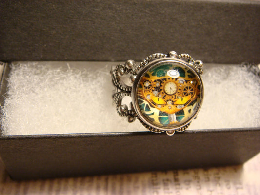 Steampunk Cat Image Filigree Ring in Antique Silver - Adjustable