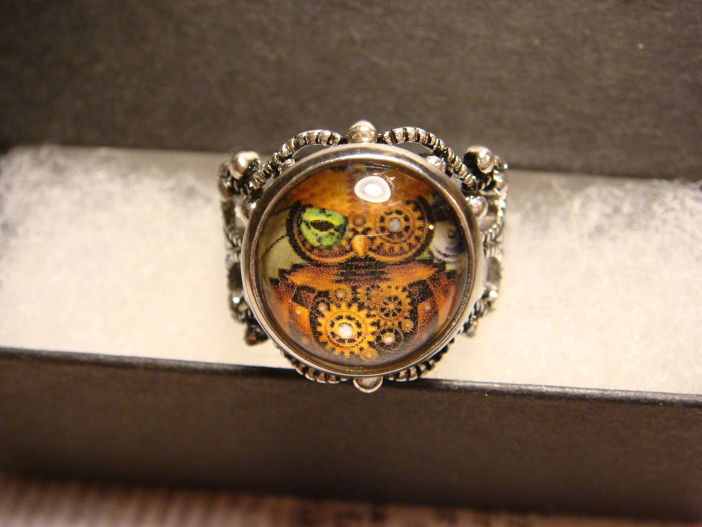 Steampunk Owl Image Filigree Ring in Antique Silver - Adjustable
