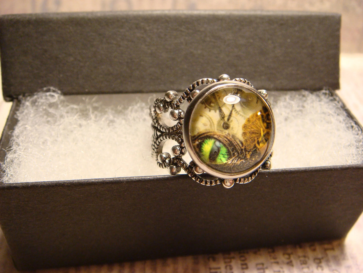Steampunk Eye Image Filigree Ring in Antique Silver - Adjustable