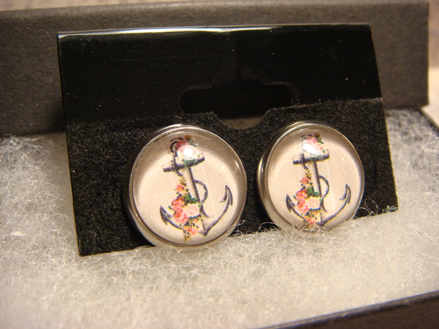 Floral Anchor Image Stainless Steel Stud Earrings