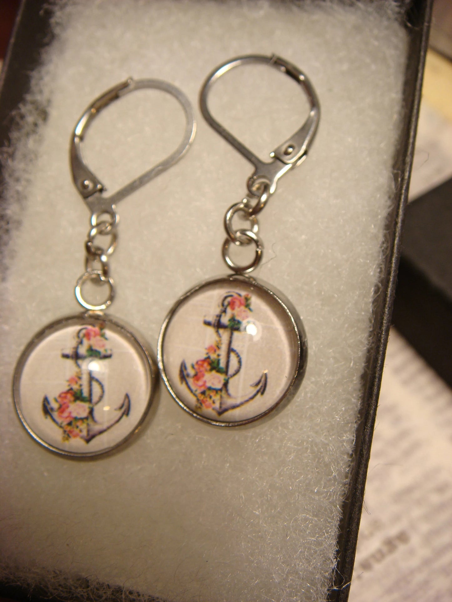 Floral Anchor Image Stainless Steel Dangle Earrings