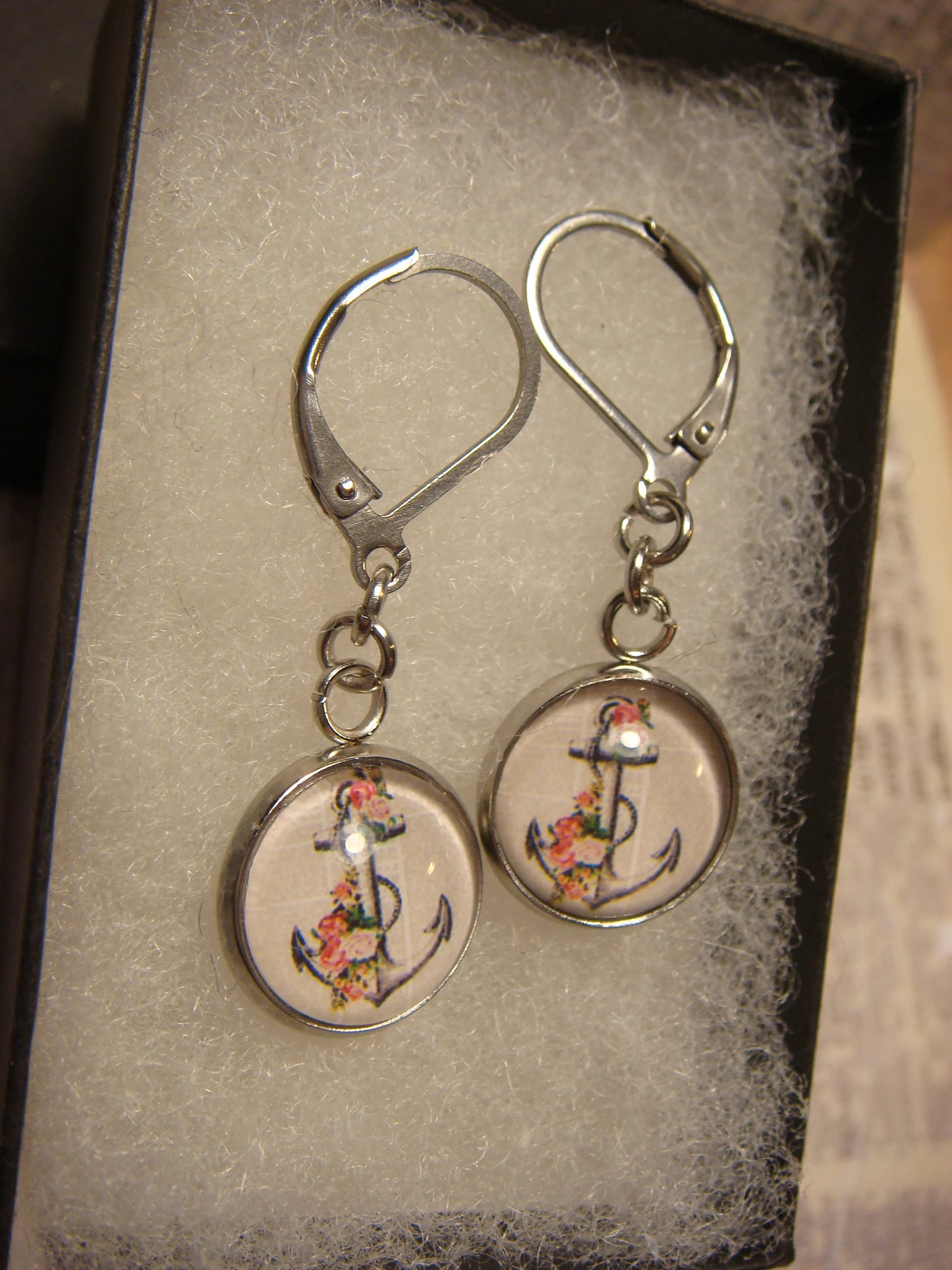 Floral Anchor Image Stainless Steel Dangle Earrings