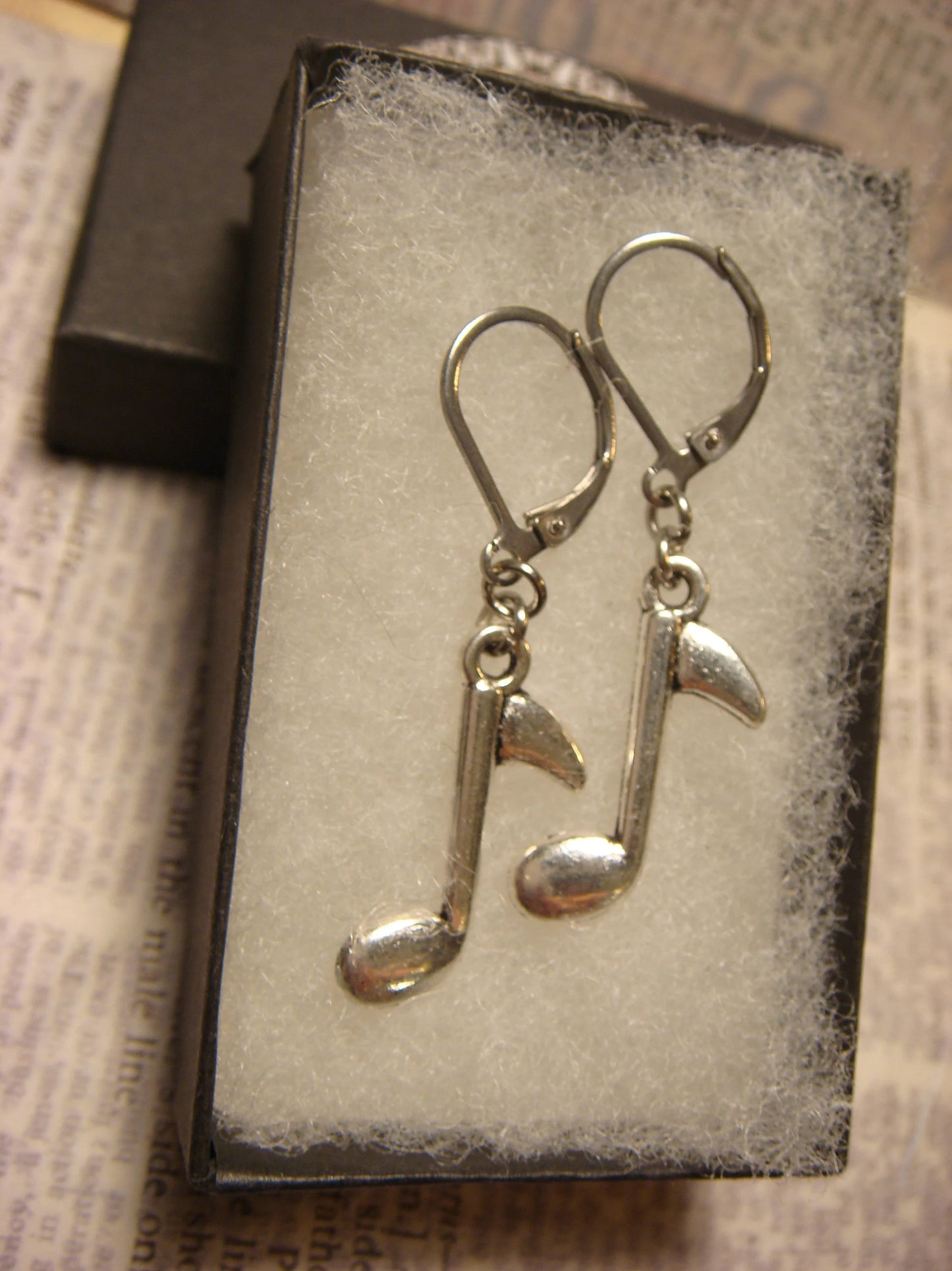 Music Note Dangle Earrings in Antique Silver