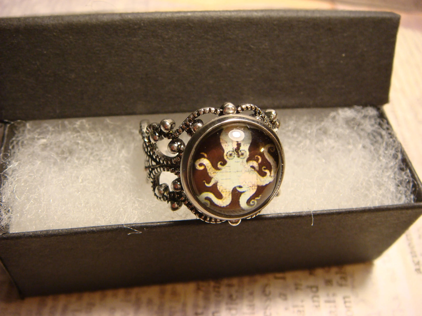 Octopus Map Image Filigree Ring in Antique Silver - Adjustable