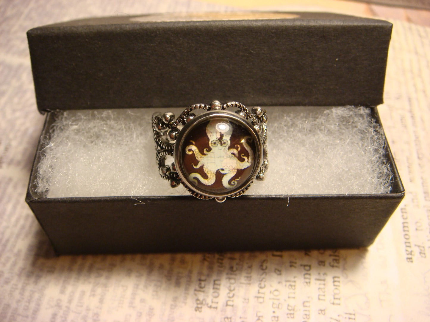 Octopus Map Image Filigree Ring in Antique Silver - Adjustable