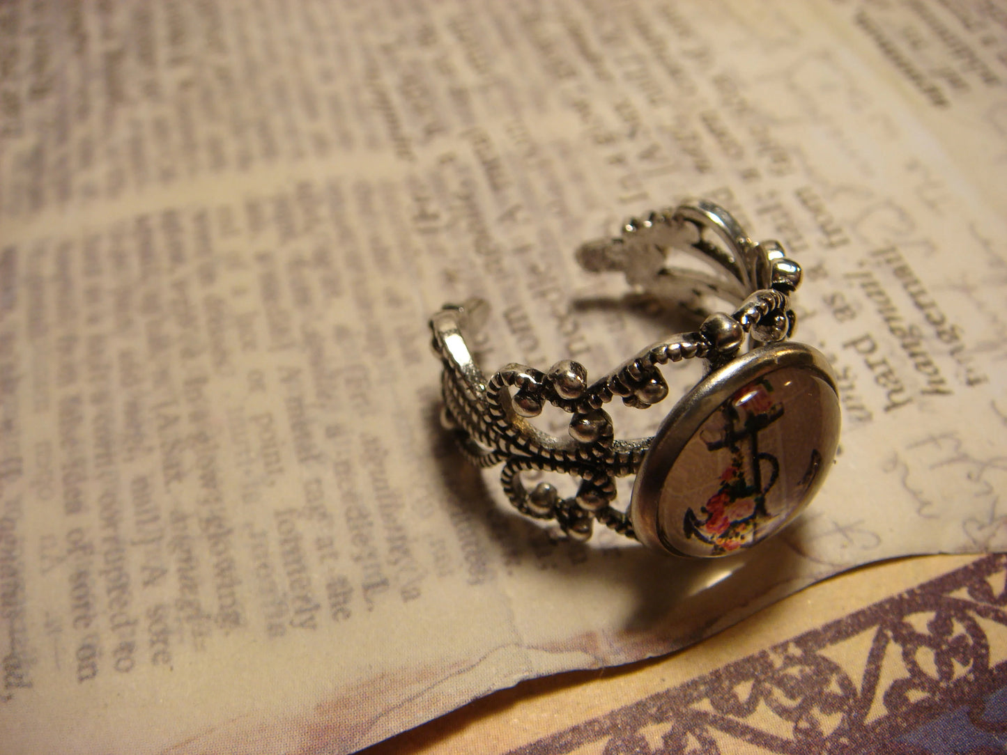 Floral Anchor Image Filigree Ring in Antique Silver - Adjustable